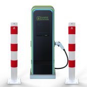 Barrier bollard | as e-charging station protection |  102 mm | hot-dip galvanized and white powder-coated with 3 red reflective strips foil type RA1/A | To be fixed by plugs